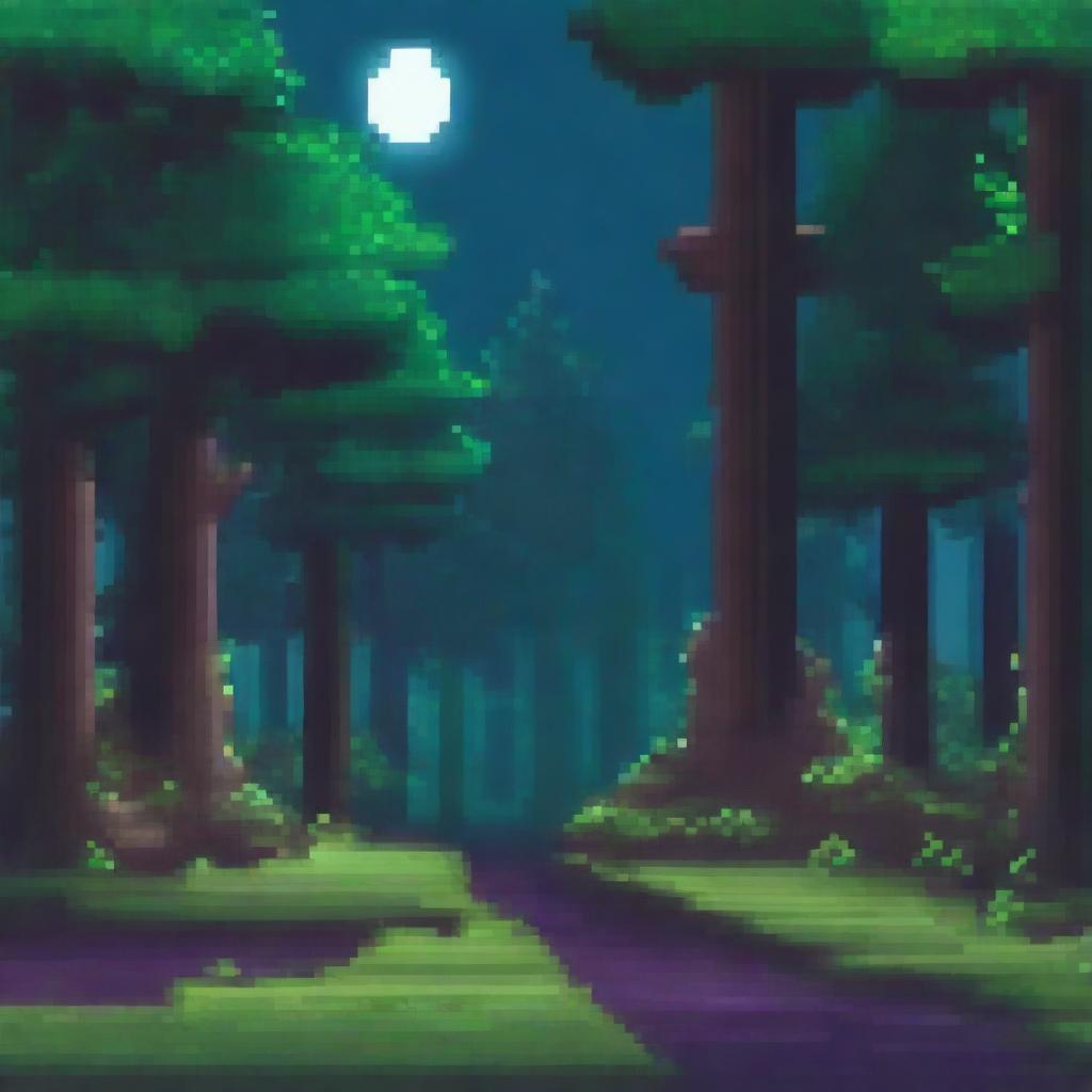 A pixel art depiction of a forest night road viewed from the side in a 2D style