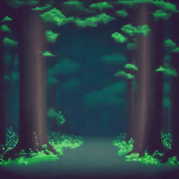 A pixel art depiction of a forest night road viewed from the side in a 2D style