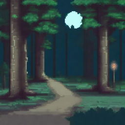 A pixel art depiction of a forest night road viewed from the side in a 2D style