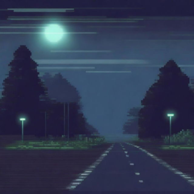 A pixel art drawing of a night road viewed from the side