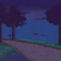 A pixel art drawing of a night road viewed from the side