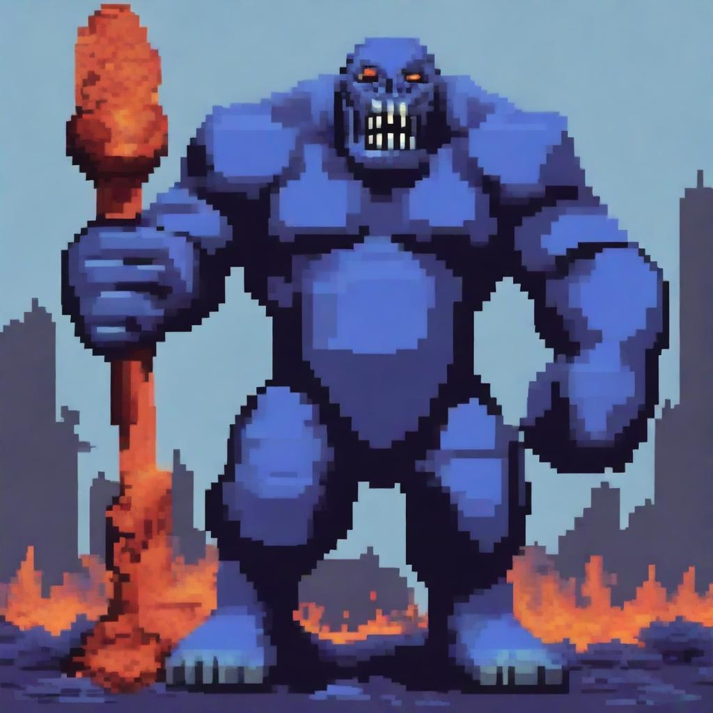 A humongous doomsday monster covered in bluish lava, holding a gigantic hammer in its hand