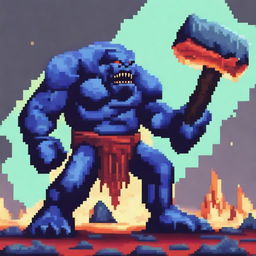 A humongous doomsday monster covered in bluish lava, holding a gigantic hammer in its hand