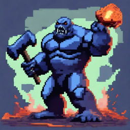 A humongous doomsday monster covered in bluish lava, holding a gigantic hammer in its hand