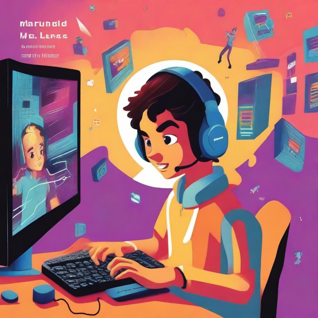 An illustration for the book cover titled 'O Mundo Virtual de Lucas: A Jornada de um Gamer Birrento'