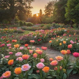 An enchanting garden in full bloom at sunset. Lush roses, daisies, and tulips in vibrant hues fill the foreground, framed by the radiant, warm colors of a setting sun in the background.