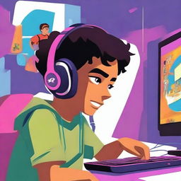 An illustration for the book cover titled 'O Mundo Virtual de Lucas: A Jornada de um Gamer Birrento'