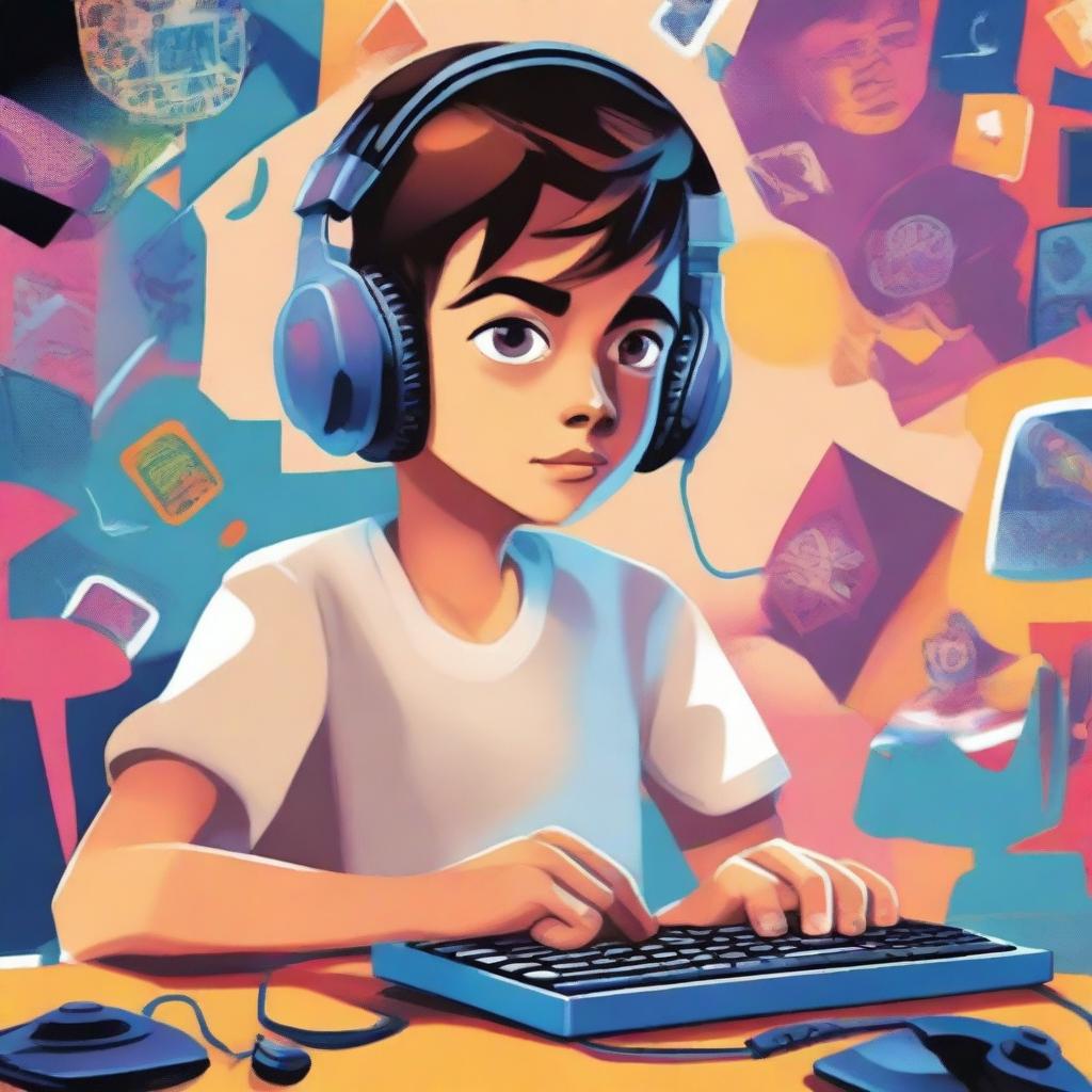 An illustration for the book cover titled 'O Mundo Virtual de Lucas: A Jornada de um Gamer Birrento'