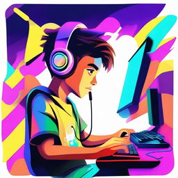 An illustration of a young boy intensely focused while playing on his gaming PC