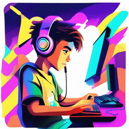 An illustration of a young boy intensely focused while playing on his gaming PC