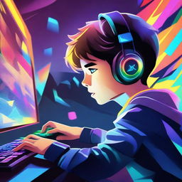 An illustration of a young boy intensely focused while playing on his gaming PC