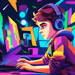 An illustration of a young boy intensely focused while playing on his gaming PC