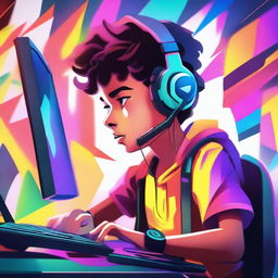 An illustration of a young boy intensely focused while playing on his gaming PC