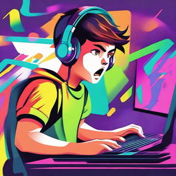 An illustration of a young boy with a frustrated and angry expression while playing on his gaming PC