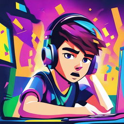 An illustration of a young boy with a frustrated and angry expression while playing on his gaming PC