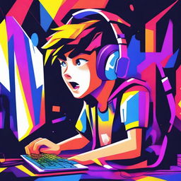 An illustration of a young boy with a frustrated and angry expression while playing on his gaming PC