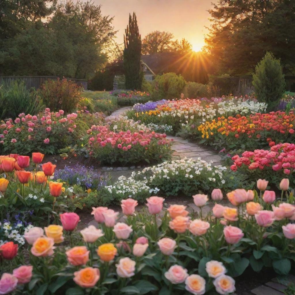 An enchanting garden in full bloom at sunset. Lush roses, daisies, and tulips in vibrant hues fill the foreground, framed by the radiant, warm colors of a setting sun in the background.