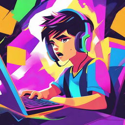 An illustration of a young boy with a frustrated and angry expression while playing on his gaming PC