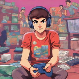 An illustration for the book cover titled 'O Mundo Virtual de Lucas: A Jornada de um Gamer Birrento'