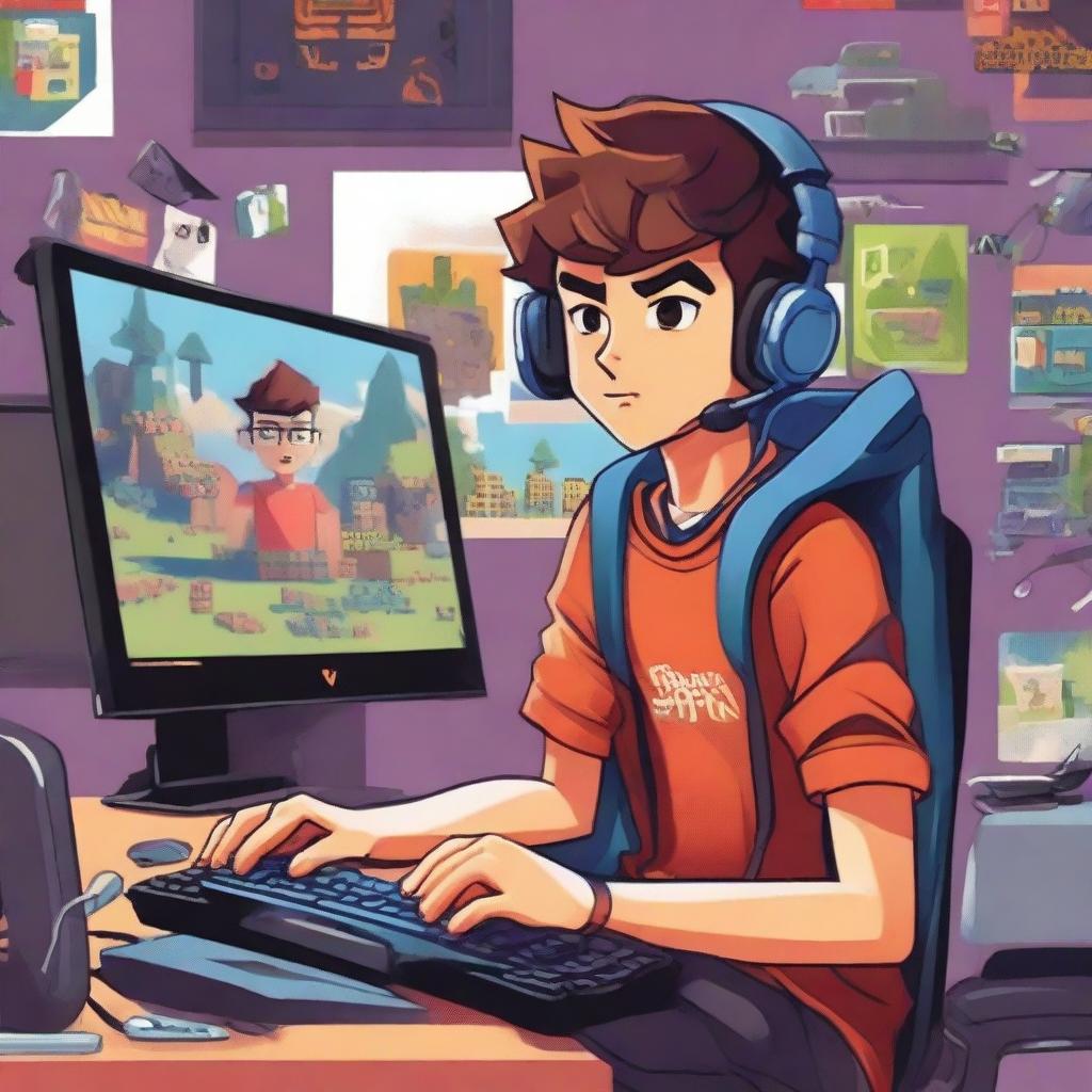 An illustration for the book cover titled 'O Mundo Virtual de Lucas: A Jornada de um Gamer que joga num PC, Birrento'