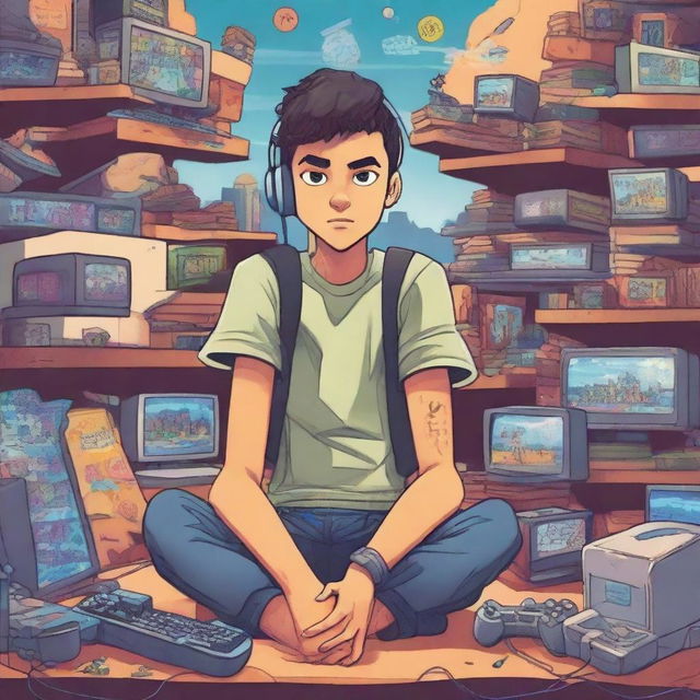 An illustration for the book cover titled 'O Mundo Virtual de Lucas: A Jornada de um Gamer que joga num PC, Birrento'