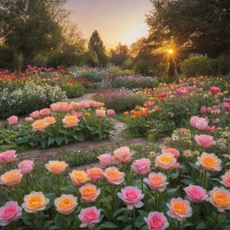 An enchanting garden in full bloom at sunset. Lush roses, daisies, and tulips in vibrant hues fill the foreground, framed by the radiant, warm colors of a setting sun in the background.