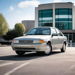 A high-end version of a Ford Tempo is parked in a parking lot