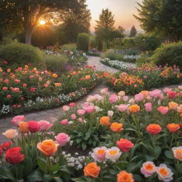 An enchanting garden in full bloom at sunset. Lush roses, daisies, and tulips in vibrant hues fill the foreground, framed by the radiant, warm colors of a setting sun in the background.