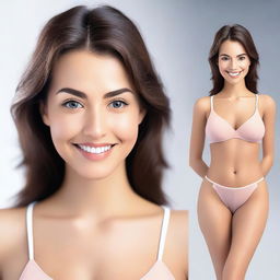 Create a complete head-to-toe image of a beautiful, young, and healthy lady who is standing, looking forward, and smiling