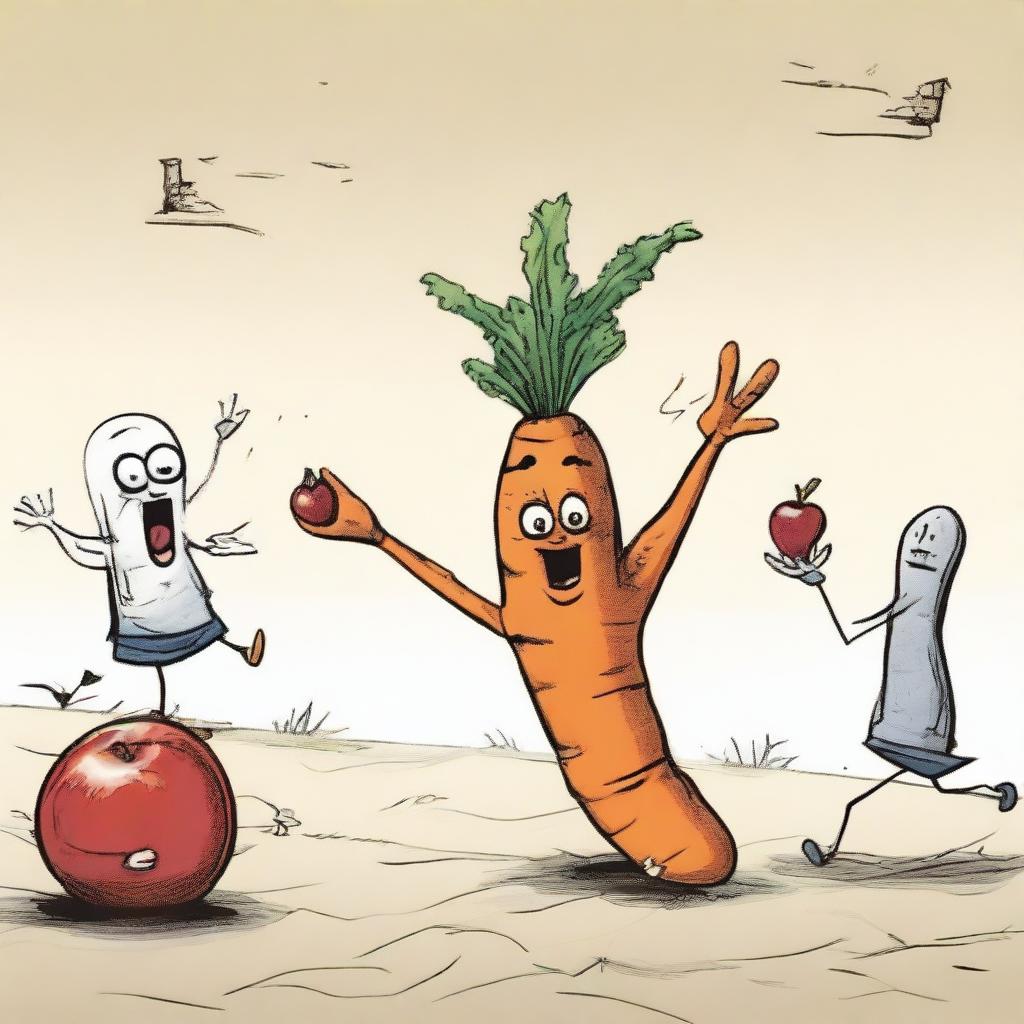 A small group of distressed foods, such as a carrot, an apple, and a slice of bread, running away from a giant human hand that is reaching out for them