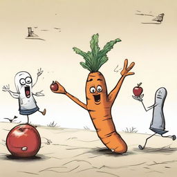 A small group of distressed foods, such as a carrot, an apple, and a slice of bread, running away from a giant human hand that is reaching out for them