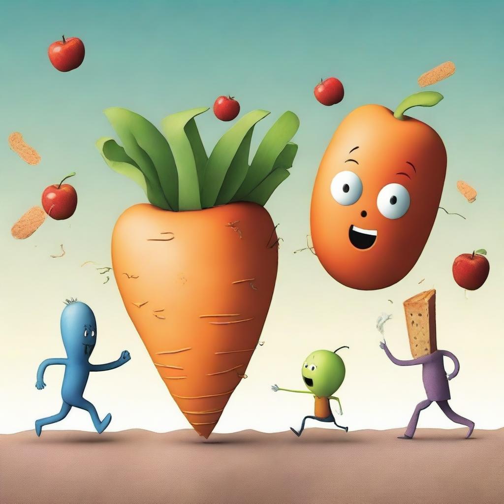 A small group of distressed foods, such as a carrot, an apple, and a slice of bread, running away from a giant human hand that is reaching out for them