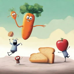 A small group of distressed foods, such as a carrot, an apple, and a slice of bread, running away from a giant human hand that is reaching out for them