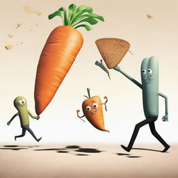 A small group of distressed foods, such as a carrot, an apple, and a slice of bread, running away from a giant human hand that is reaching out for them