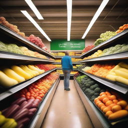 A series of cool and unique angles inside a grocery store, capturing the vibrant colors of fresh produce, the neatly arranged aisles, and the dynamic movement of shoppers