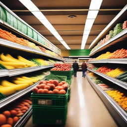 A series of cool and unique angles inside a grocery store, capturing the vibrant colors of fresh produce, the neatly arranged aisles, and the dynamic movement of shoppers