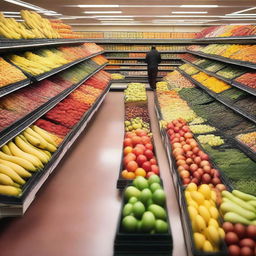 A series of cool and unique angles inside a grocery store, capturing the vibrant colors of fresh produce, the neatly arranged aisles, and the dynamic movement of shoppers