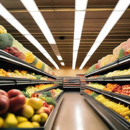 A series of cool and unique angles inside a grocery store, capturing the vibrant colors of fresh produce, the neatly arranged aisles, and the dynamic movement of shoppers