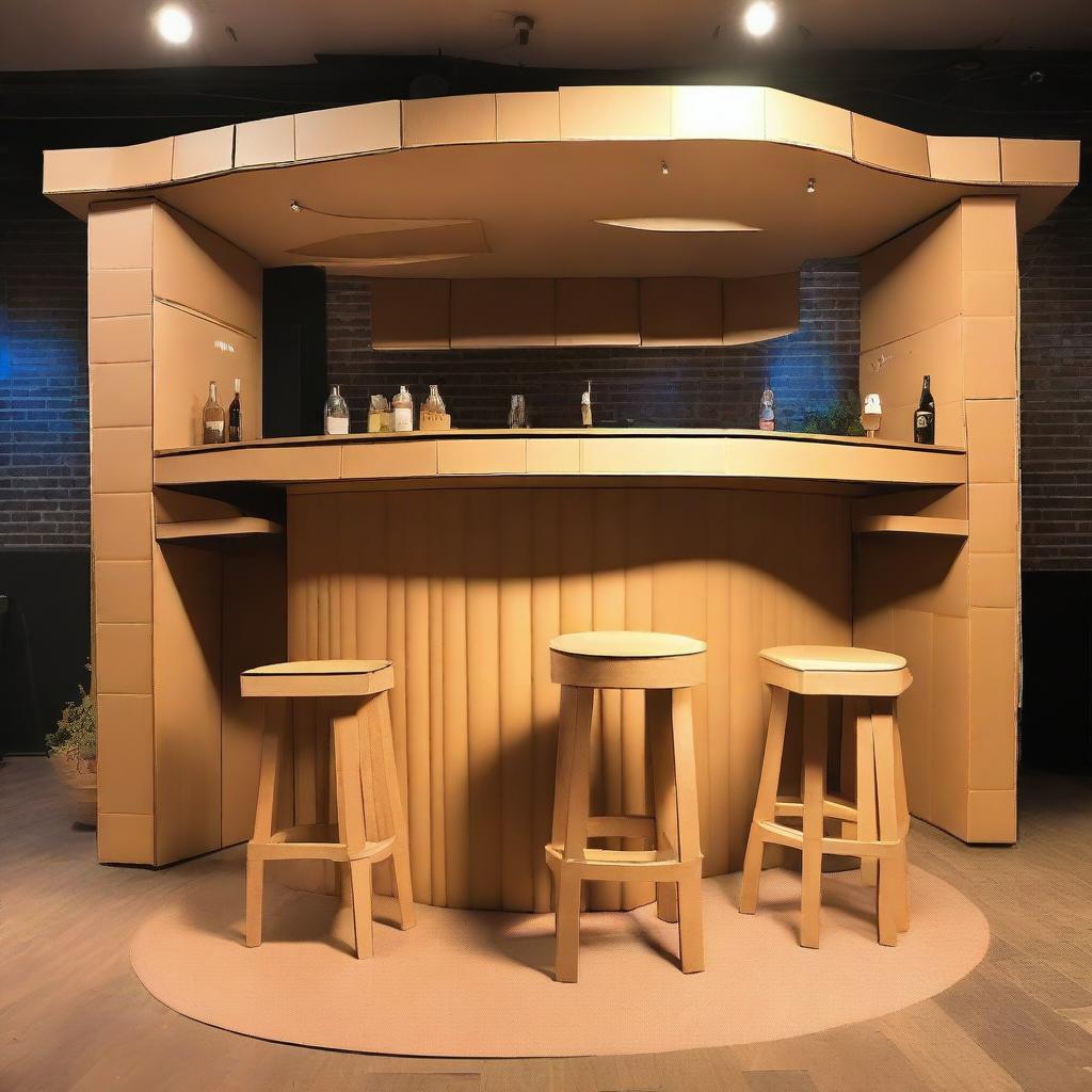 A drinking bar entirely made out of cardboard, complete with cardboard stools, tables, and a bar counter