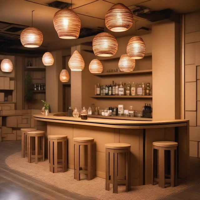 A drinking bar entirely made out of cardboard, complete with cardboard stools, tables, and a bar counter