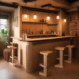 A drinking bar entirely made out of cardboard, complete with cardboard stools, tables, and a bar counter