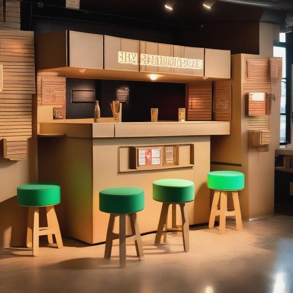 A drinking bar entirely made out of cardboard, complete with cardboard stools, tables, a bar counter, and a jukebox