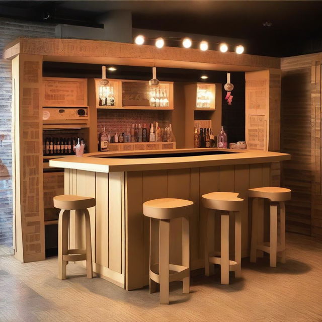 A drinking bar entirely made out of cardboard, complete with cardboard stools, tables, a bar counter, and a jukebox