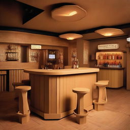 A drinking bar entirely made out of cardboard, complete with cardboard stools, tables, a bar counter, and a jukebox