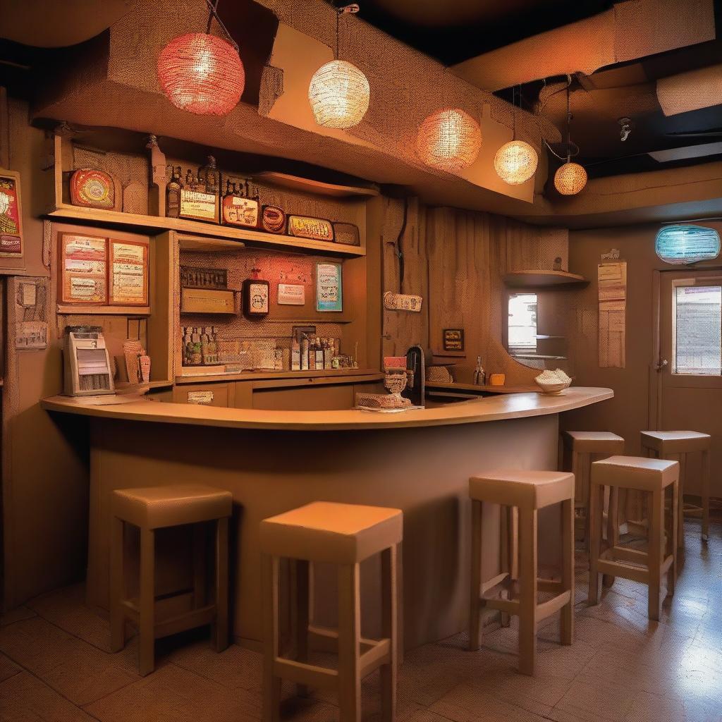 A drinking bar entirely made out of cardboard, complete with cardboard stools, tables, a bar counter, and a jukebox