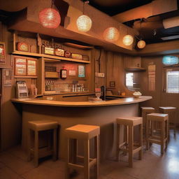 A drinking bar entirely made out of cardboard, complete with cardboard stools, tables, a bar counter, and a jukebox