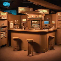 A drinking bar entirely made out of cardboard, complete with cardboard stools, tables, a bar counter, and a jukebox