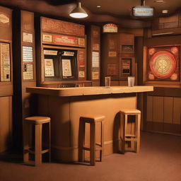 A drinking bar entirely made out of cardboard, complete with cardboard stools, tables, a bar counter, and a jukebox