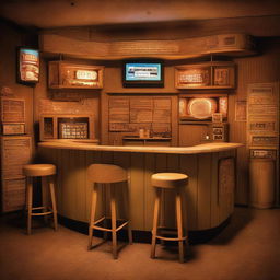 A drinking bar entirely made out of cardboard, complete with cardboard stools, tables, a bar counter, and a jukebox