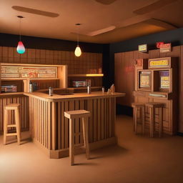 A full room view of a drinking bar entirely made out of cardboard, featuring cardboard stools, tables, a bar counter, and a jukebox